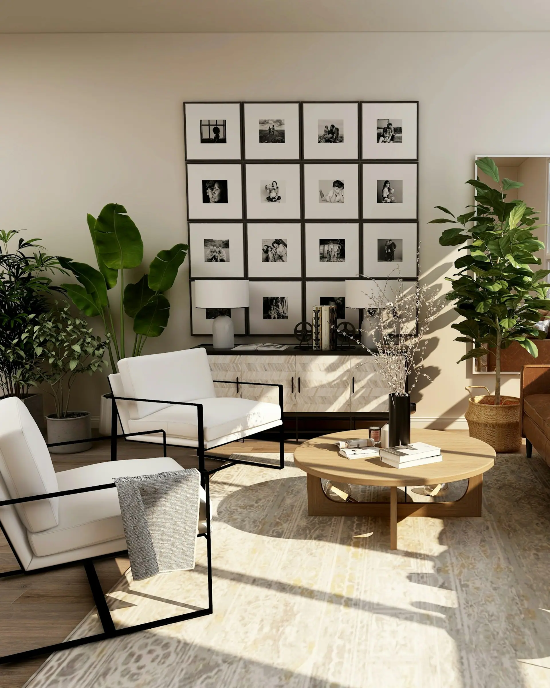 Salon baigné de lumière, mobilier bas et plantes d'intérieur