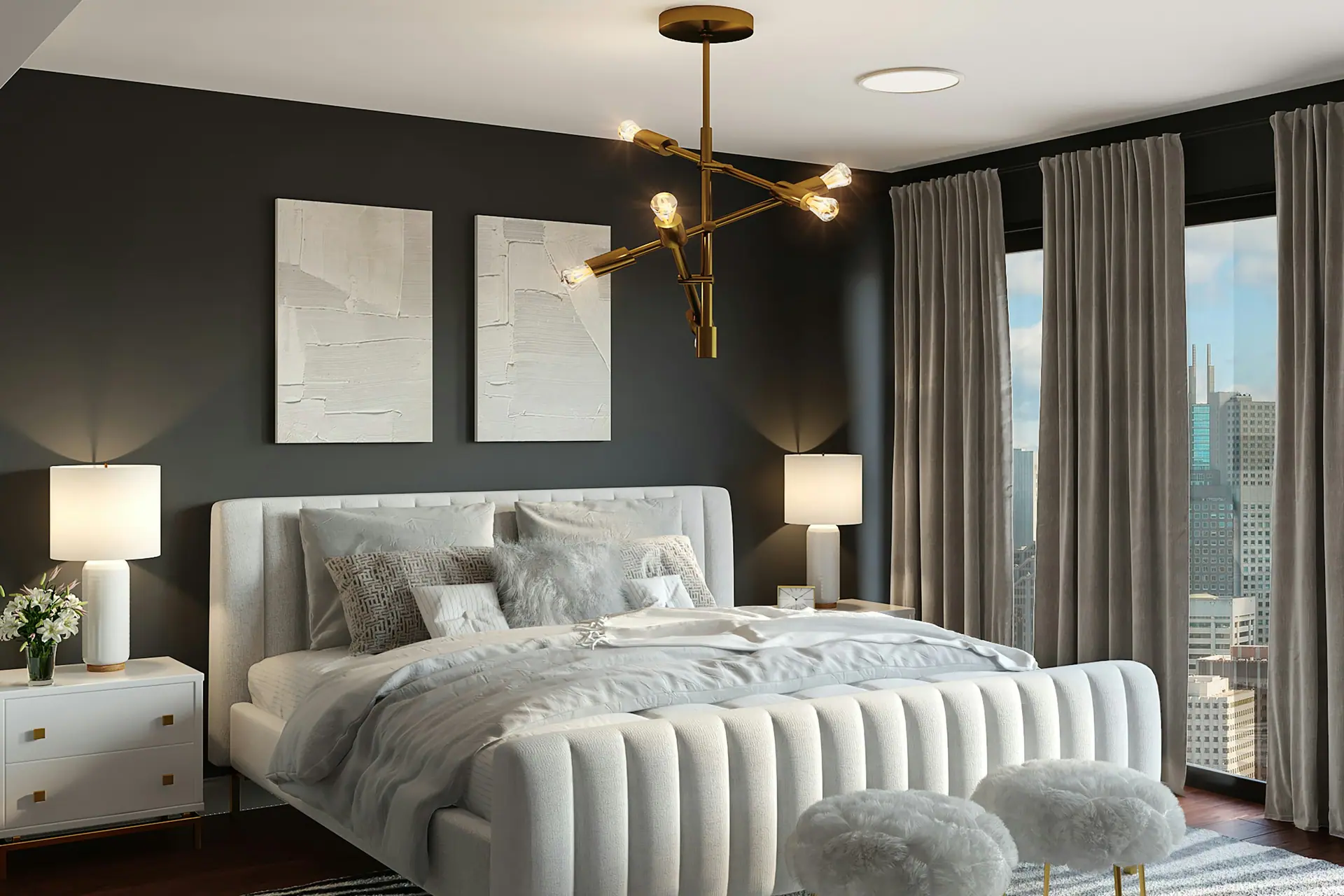 Chambre aux tons profonds, tête de lit capitonnée et lumière tamisée